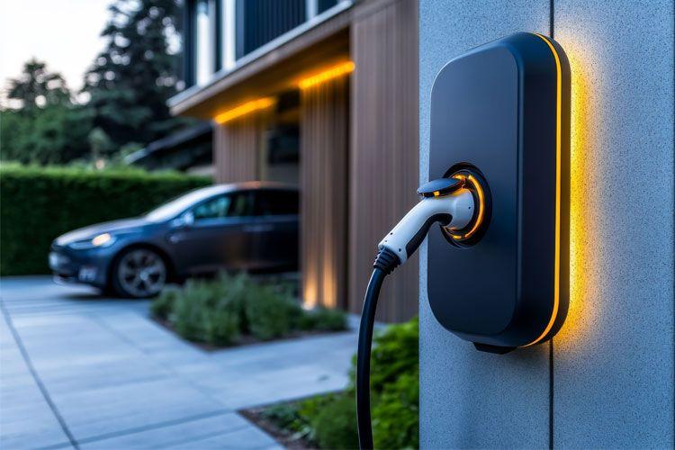 Ladepunkt for elbil med ladekabel, med en moderne bil parkert i bakgrunnen ved et hus.