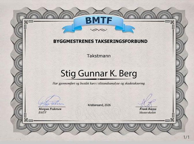 Sertifikat fra BMTF for takstmann Stig Gunnar K. Berg, datert 1. juni 2006.