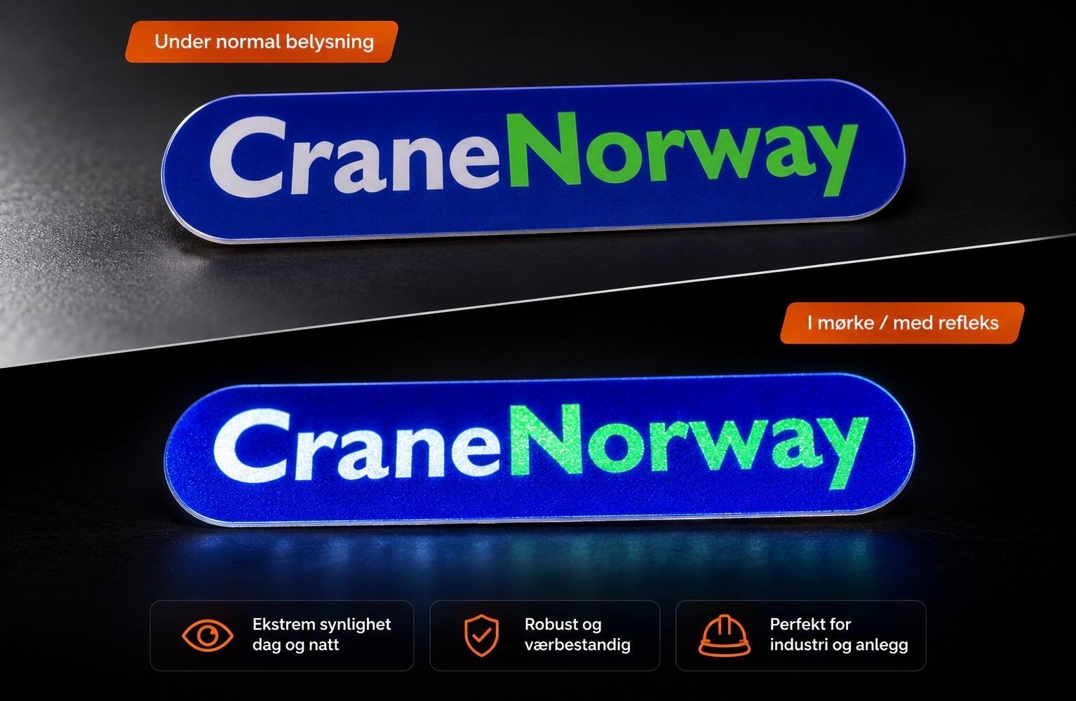 Logo for Crane Norway, med tekst om belysning og bruksområder, med blå og grønn fargekombinasjon.