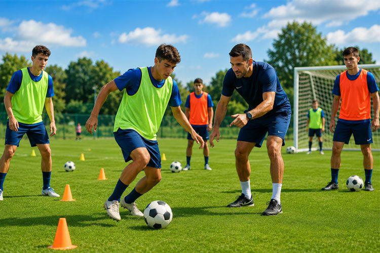 Fotballtrening med unge spillere i grønne vester, trener gir instruksjoner på en gressbane.