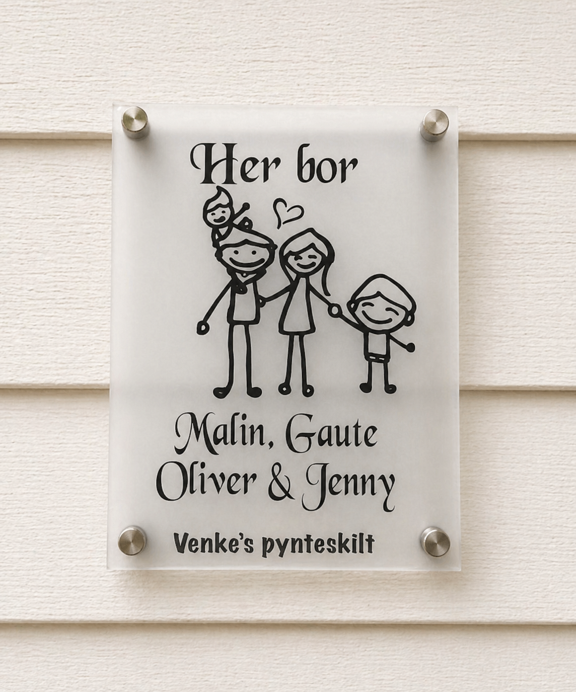 Navneskilt med tegninger av en familie med navnene Malin, Gaute, Oliver og Jenny. Skiltet henger på en vegg.
