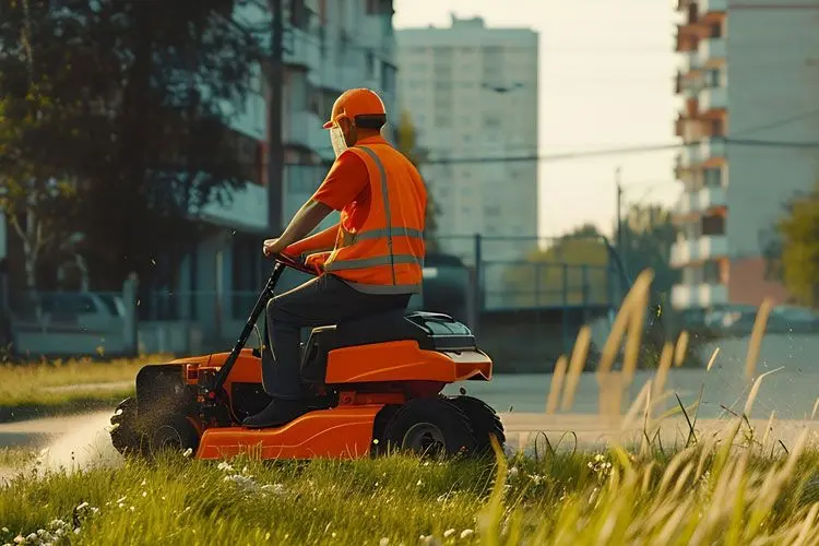 En mann i oransje vest klipper gresset med en liten gressklipper i en bypark.