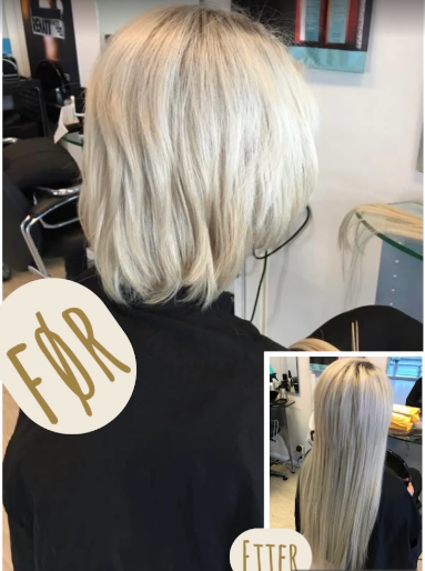 Hårklipp før og etter, med en lys blond bob-frisyre og langt, rett hår i en frisørsalong.