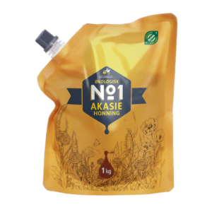 Økologisk akasiehonning i praktisk 1 kg pose med skrukork og dekorative blomsterillustrasjoner.
