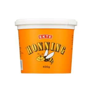 Boks med ekte honning på 400 gram, med en gul og oransje etikett med bieillustrasjon.