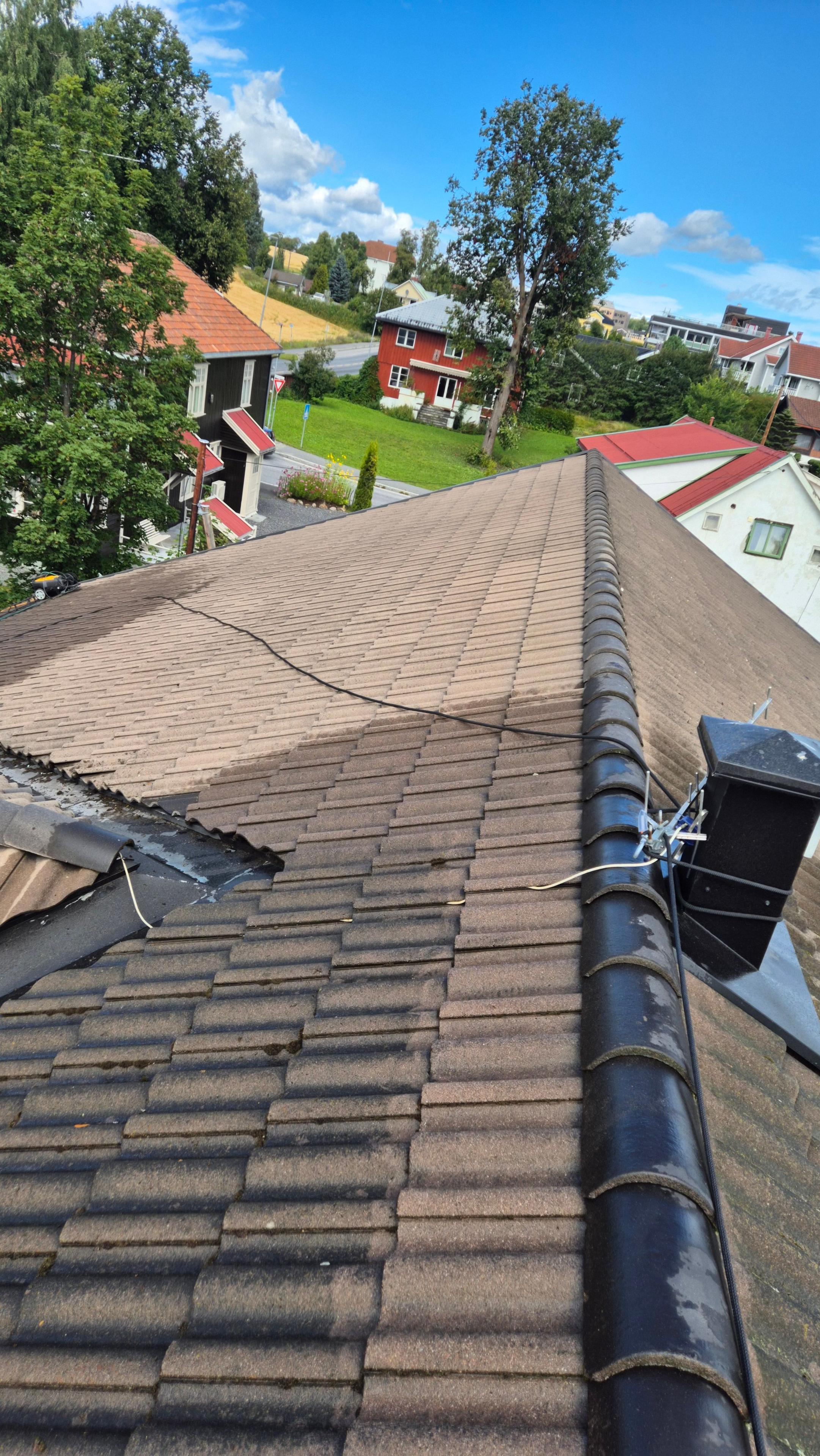 Utsikt over taket på en bygning med takstein, med grønne trær og hus i bakgrunnen.