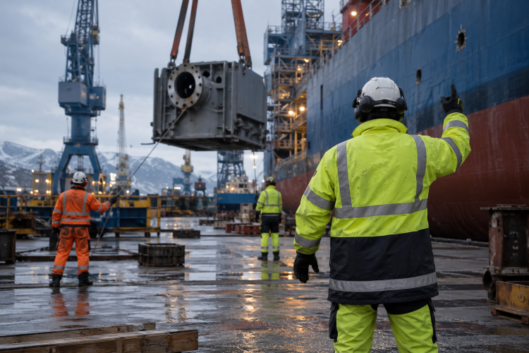 Arbeidere i verft med sikkerhetsutstyr, heiser en stor maskindel med kran. Kaldt vær og industriell bakgrunn.
