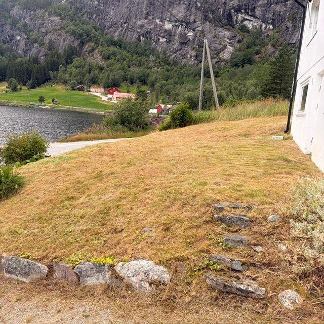 En skråning med gress og steiner, med en innsjø og fjell i bakgrunnen. Grønne trær og hus er synlige i landskapet.
