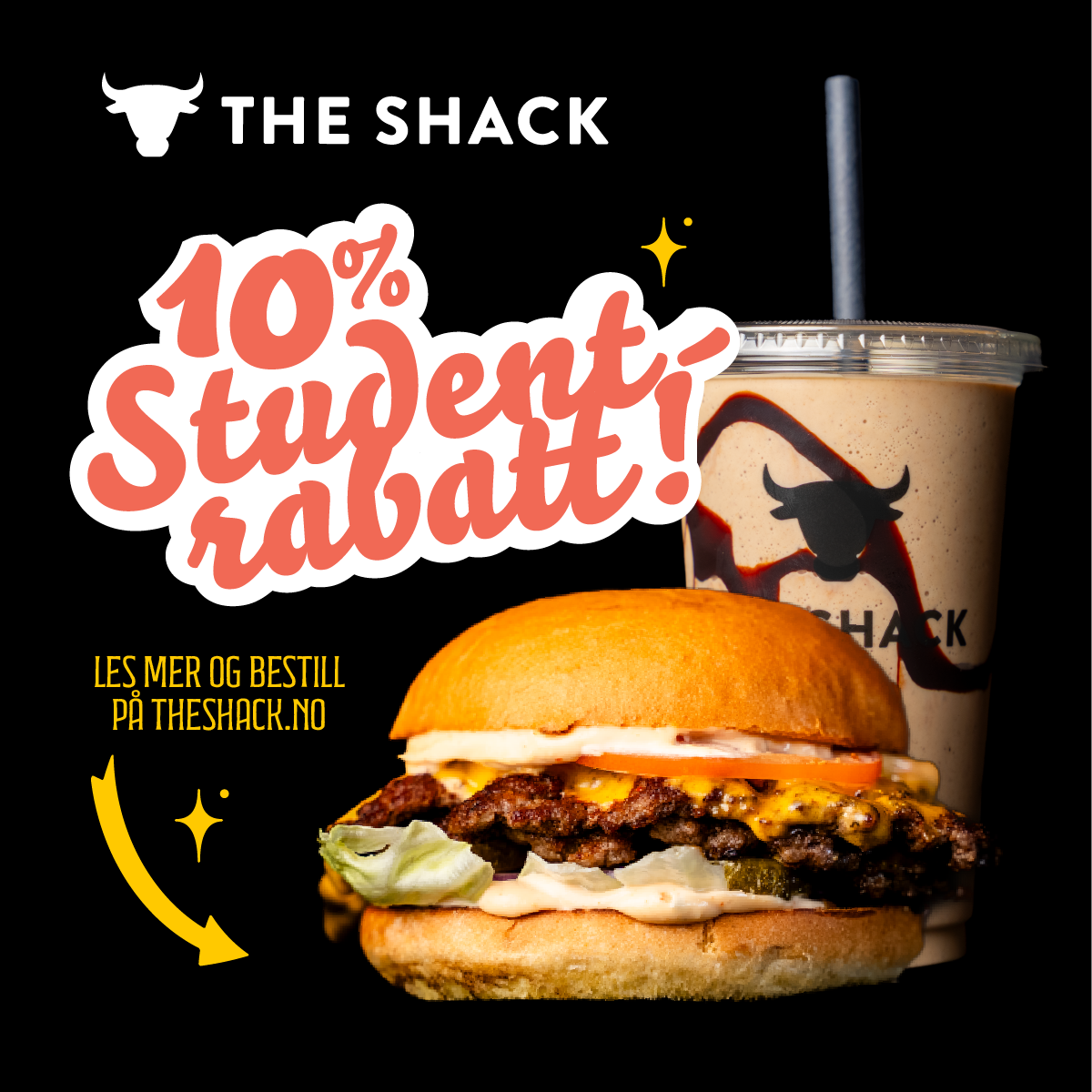 Burger med salat og saus, smoothie i bakgrunnen, og tekst om 10% studentrabatt fra The Shack.