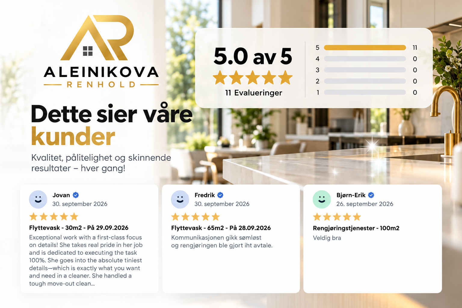 Bilde av en nettside med vurderinger for Aleinikova Renhold, med femstjerners vurderinger og kundetilbakemeldinger.