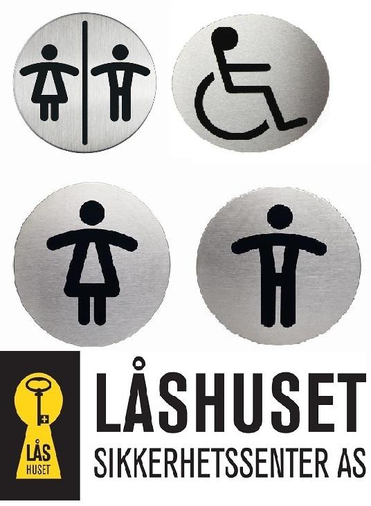Skilt for toaletter med symboler for menn, kvinner, rullestolbrukere og Låshuset sikkerhetssenter AS.